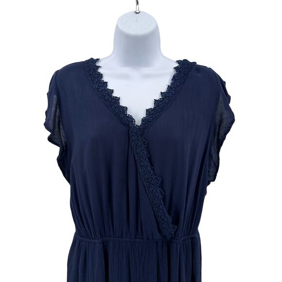 Maurices Navy Romper WMNS S Lace Trim Flutter Sleeve Stretchy V-Neck Keyhole - Picture 2 of 10